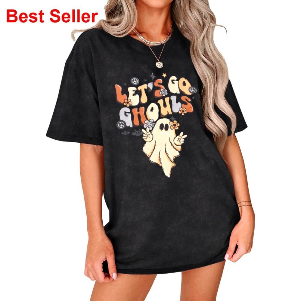 Oversized Halloween Ghost Graphic Tee Women's Short Sleeve Cotton Blend Spooky